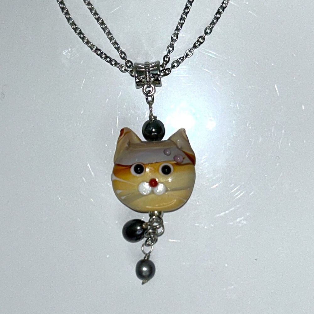 Artisan Handmade Vintage Cat Bead Pearl Dangles Double Stainless Steel Necklace